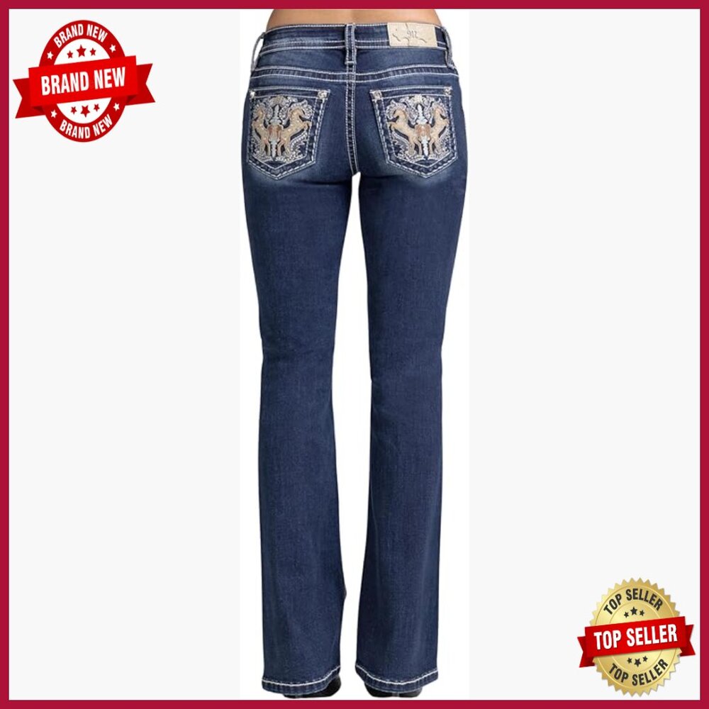 Mid Rise Bootcut Jeans With Embellished Horse Pockets, 34" Inseam
